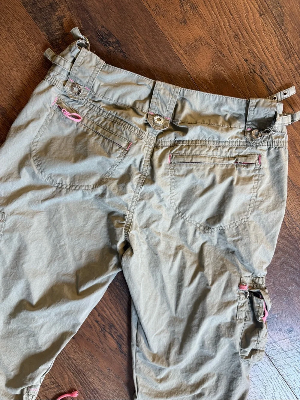 Y2K GLO jeans Sage Green Cargo Capris with Pink Accents And Silver Hardware